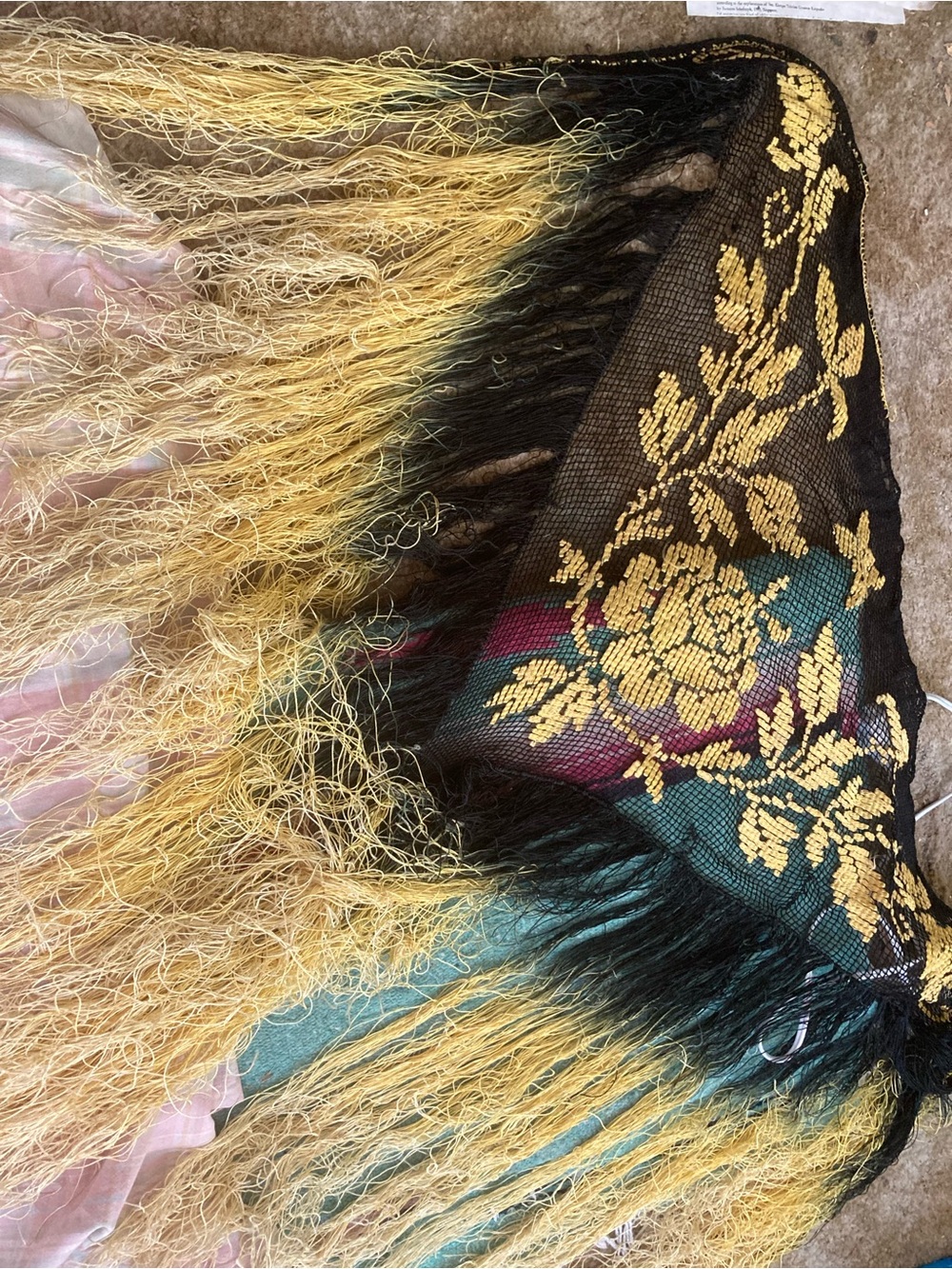 Vintage Floral Fringe Shawl - Black and Gold
